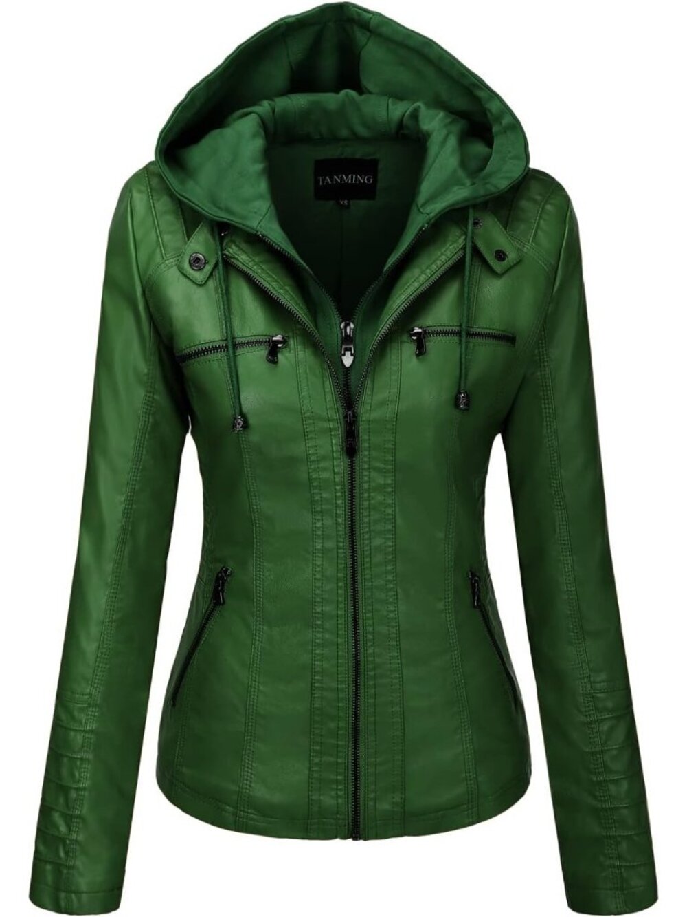 Women's Green Faux Leather Jacket Hooded Moto Biker Fall Fashion Winter Coats